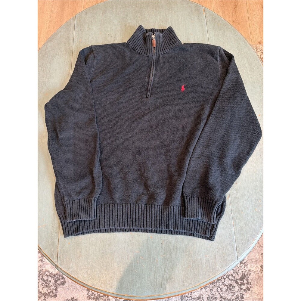 Y2K Polo Ralph Lauren Quarter Zip‎ Sweater Mens L Black Cotton Ribbed Knit